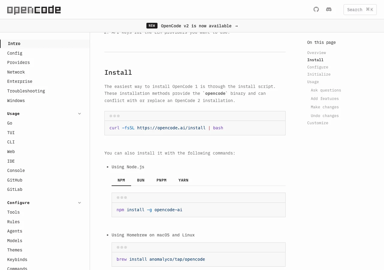OpenCode v1 installation documentation showing install script, npm, and Homebrew options