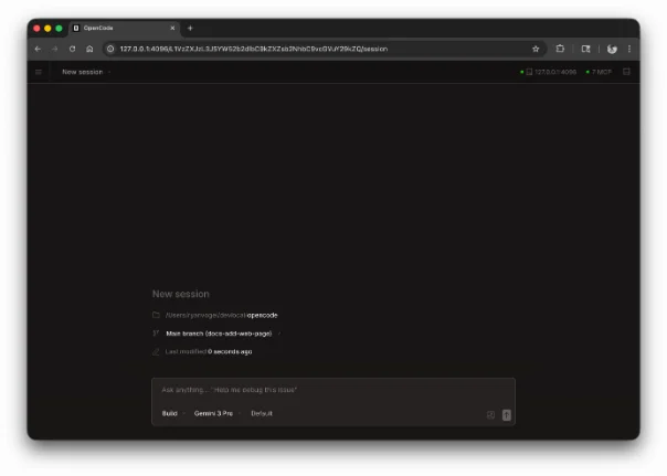 OpenCode web new-session screen with a message box, Build agent selector, and model selector