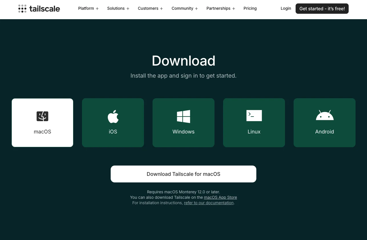 Tailscale download page with macOS, iOS, Windows, Linux, and Android download choices
